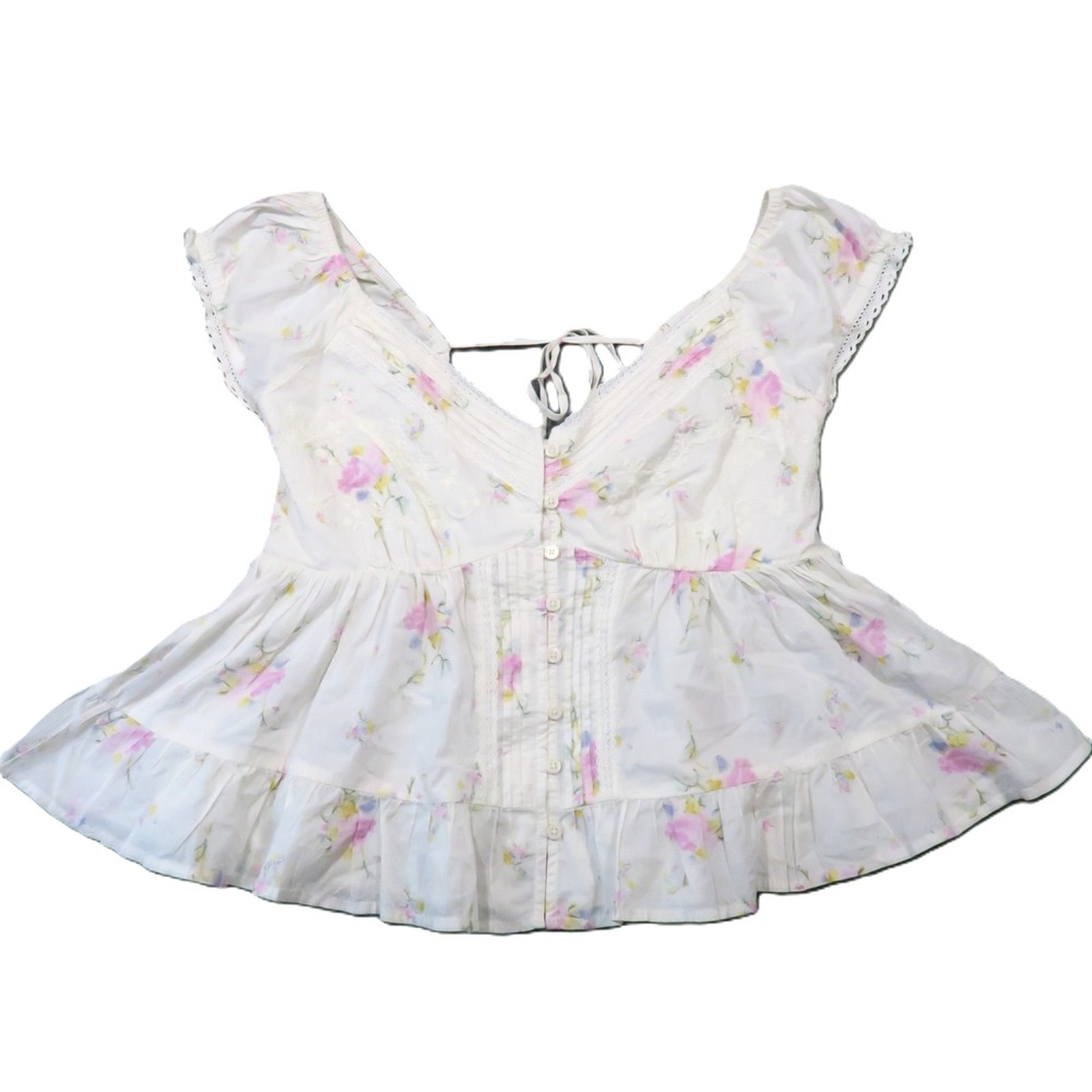 Floral Peplum Top M White Pink Lace Trim Smocked Cottagecore Romantic Country